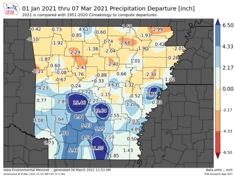 Matt-Miles-Precipitation-Map-Arkansas2021 Precipitation map of Arkansas for 2021