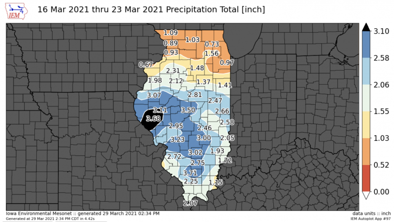 Illinois-precipitation-map-march-2021 Map of precipitation in Illinois