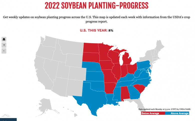 Mapa de progresso do plantio de soja 2 de maio de 2022 Mapa de progresso do plantio de soja 2 de maio de 2022